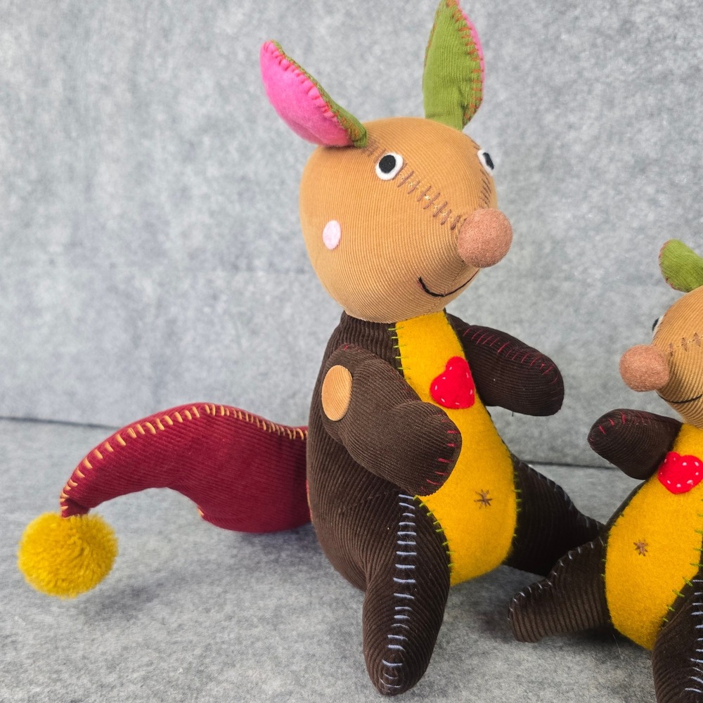 NWT Kangaroo Plush Decor Set Brown Corduroy Patchwork Whimsical Shelf Sitter - Picture 3 of 6